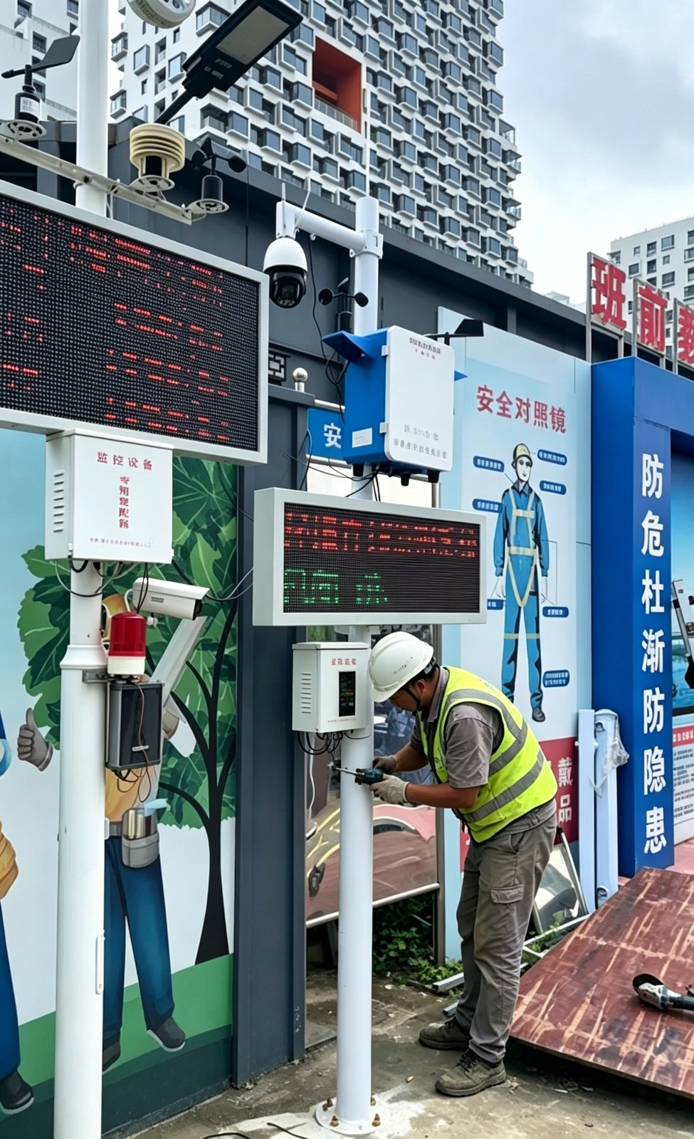 现场立杆式安装,集成 LED 屏、摄像头与声光报警装置