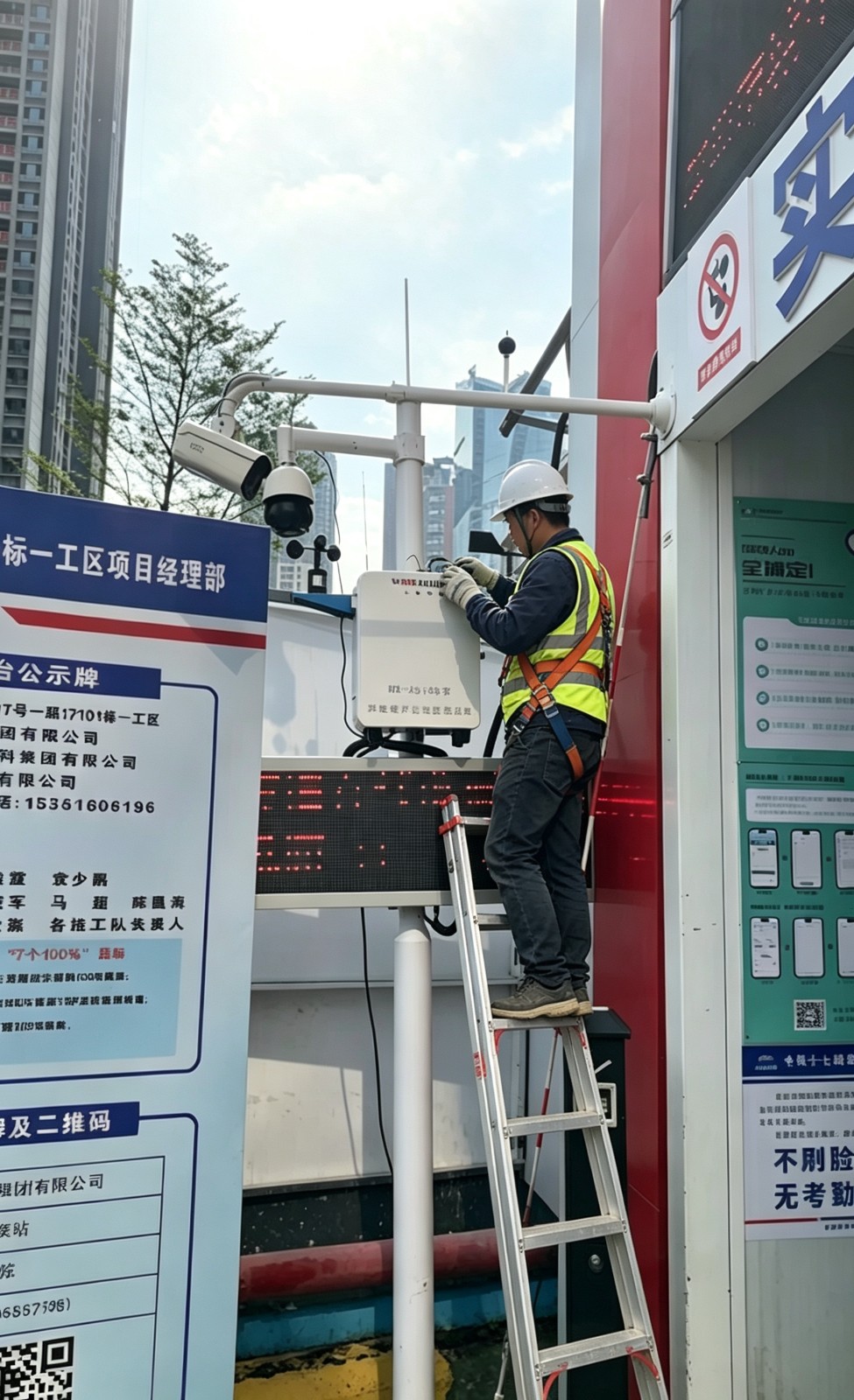 现场作业人员登高调试，确保设备安装角度与监测数据准确