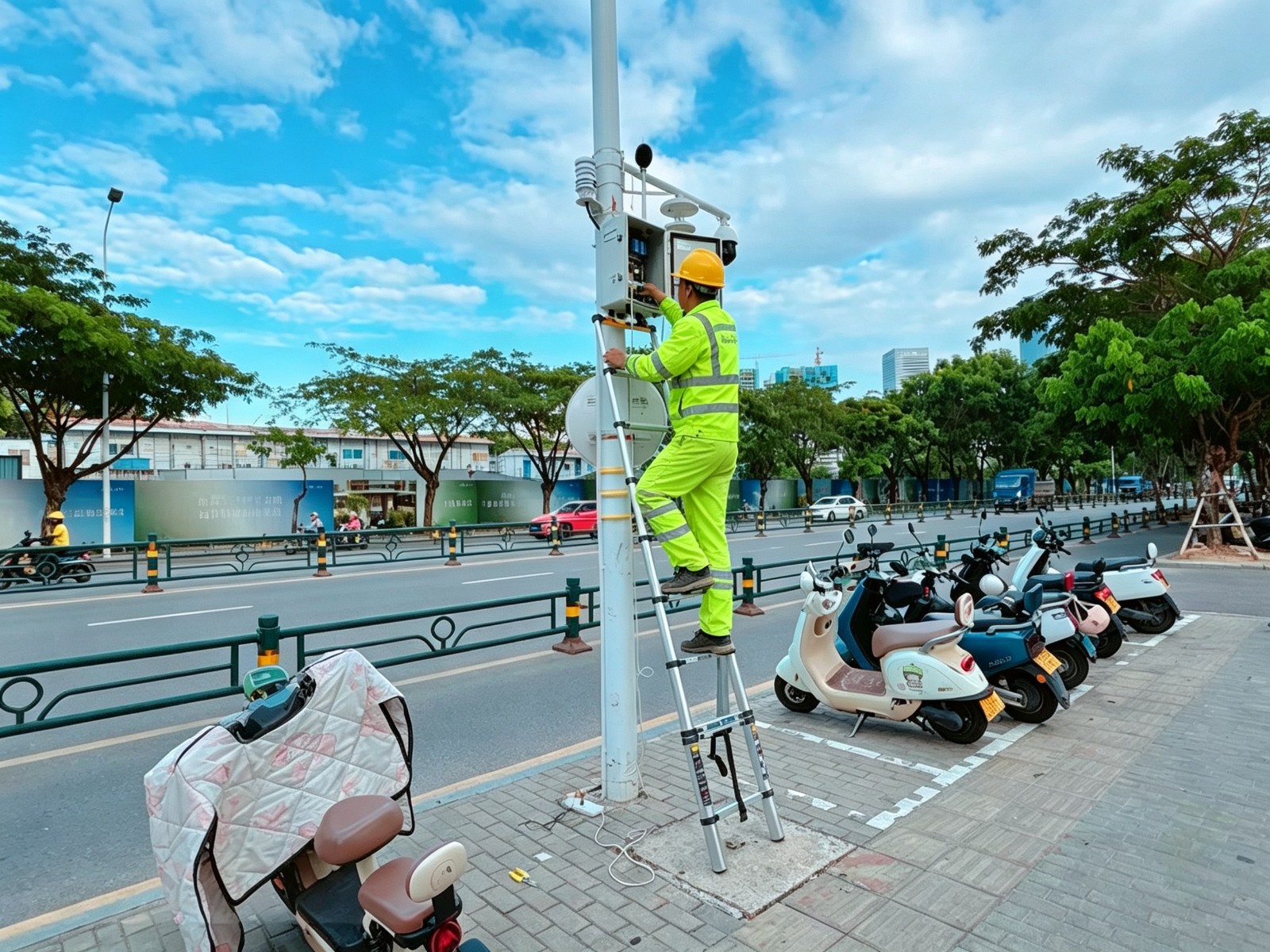 睿安环境噪声监测立杆现场安装调试,适配滨海高湿高盐环境